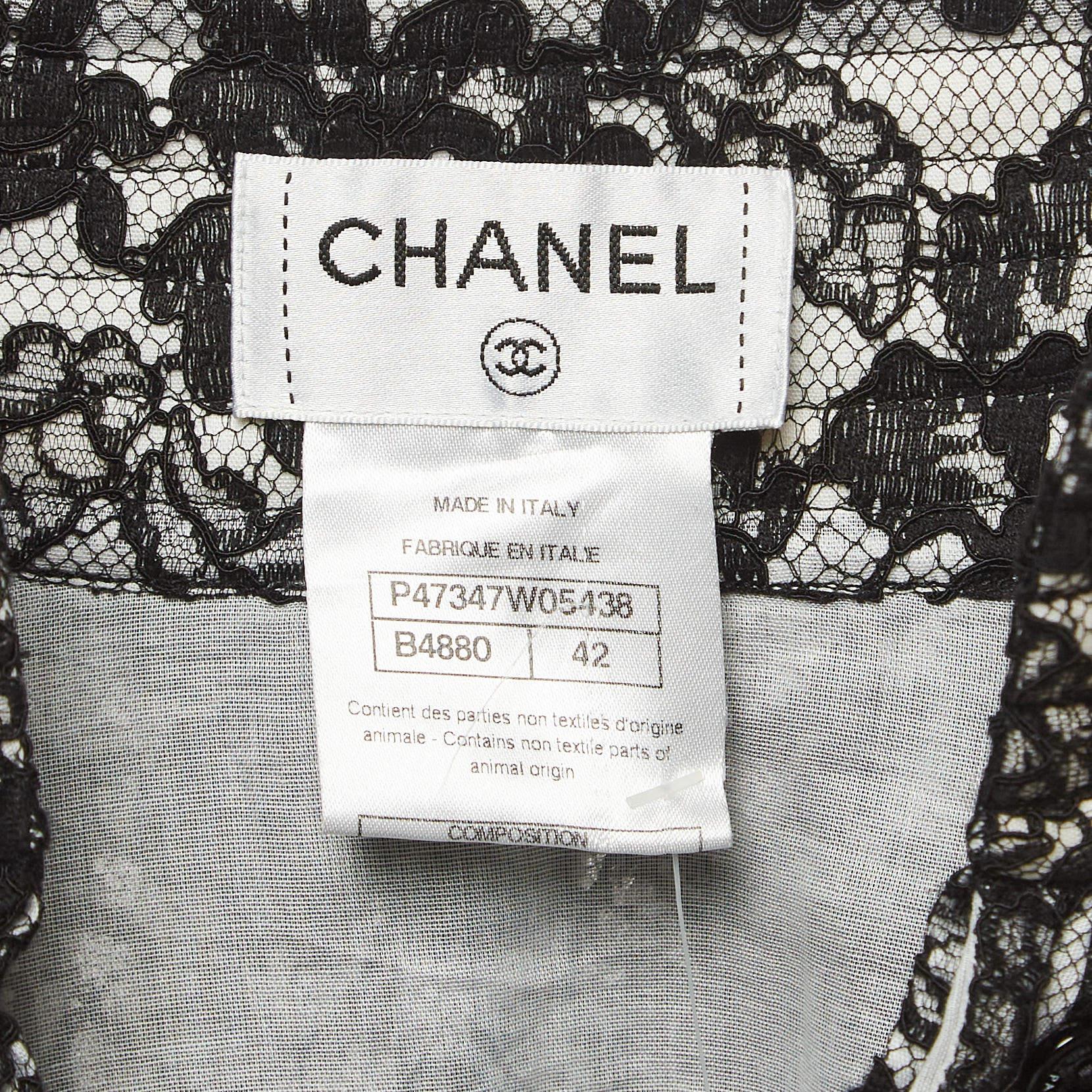 De las mujeres Chanel Mini Vestido Negro de Encaje Floral con Cuello Alto y Volantes L en venta