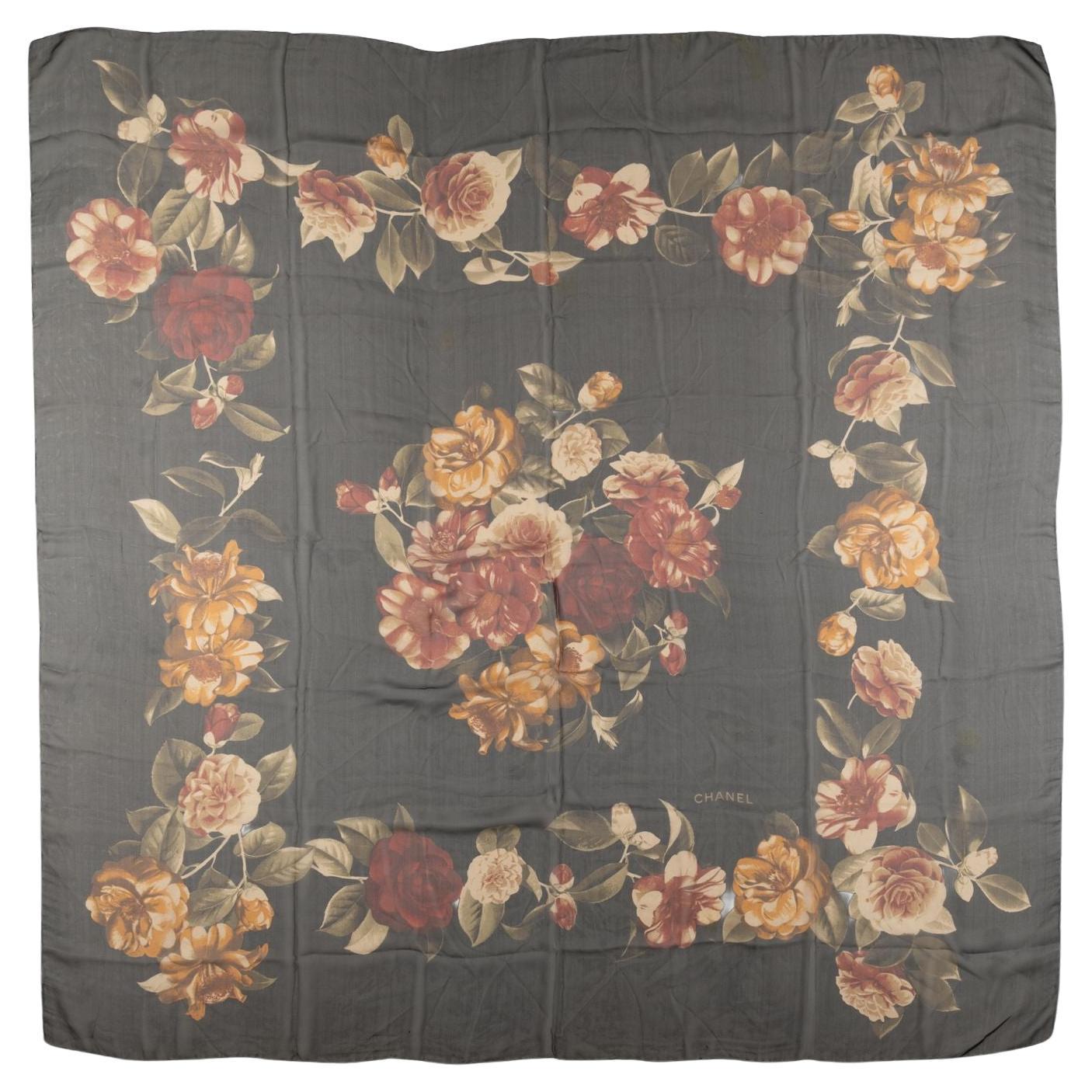 Chanel Black Floral Silk Chiffon Shawl