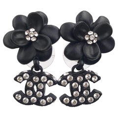 Chanel Black Flower CC Crystal Dangle Piercing Earrings