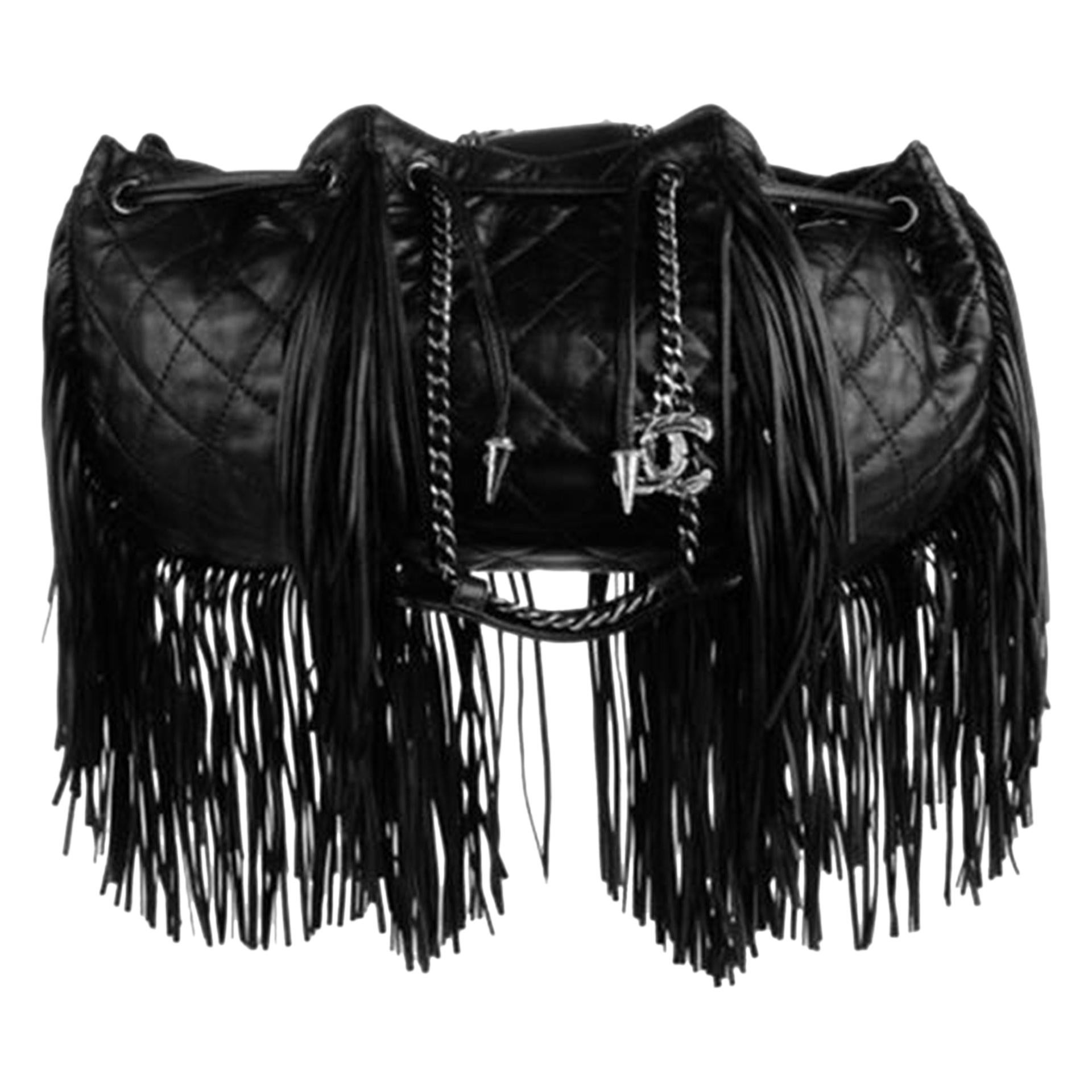 Chanel Black Fringe Lambskin Leather Dallas Drawstring Bucket Quilted Tote For Sale 9