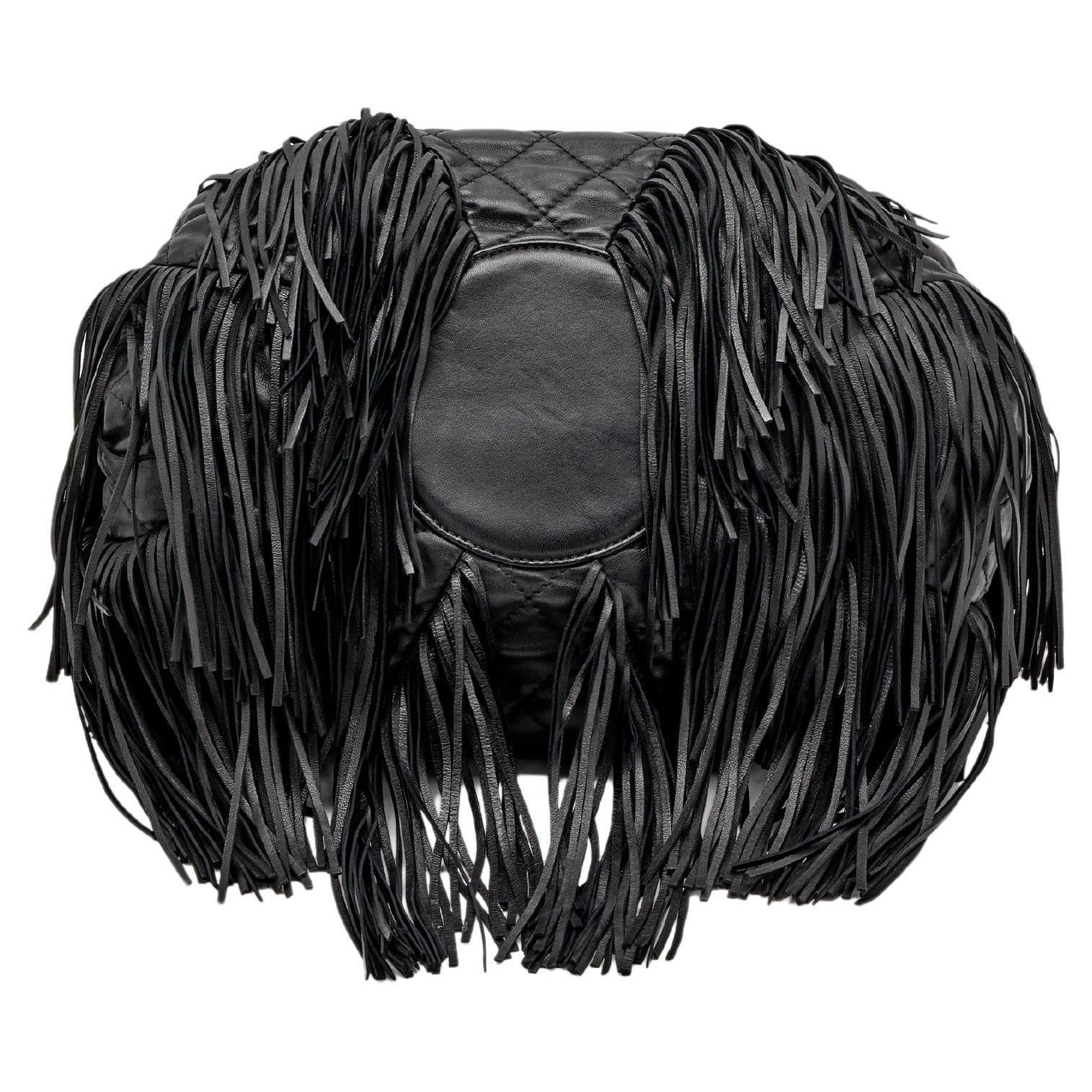 Chanel Black Fringe Lambskin Leather Dallas Drawstring Bucket Quilted Tote For Sale 10