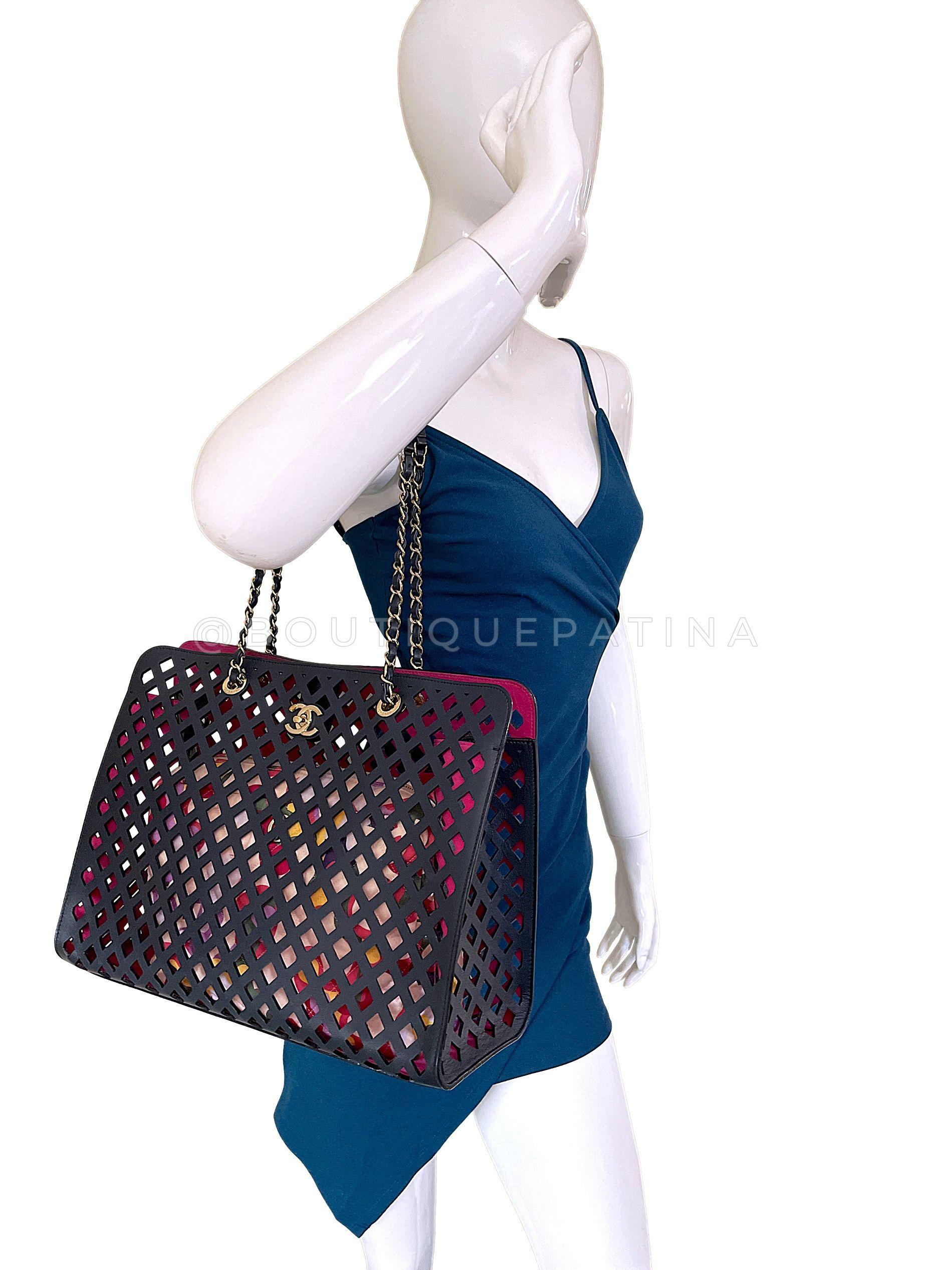 Chanel Black Fuchsia Pink Diamond Cutout Shopper Tote Bag 67861 For Sale 13