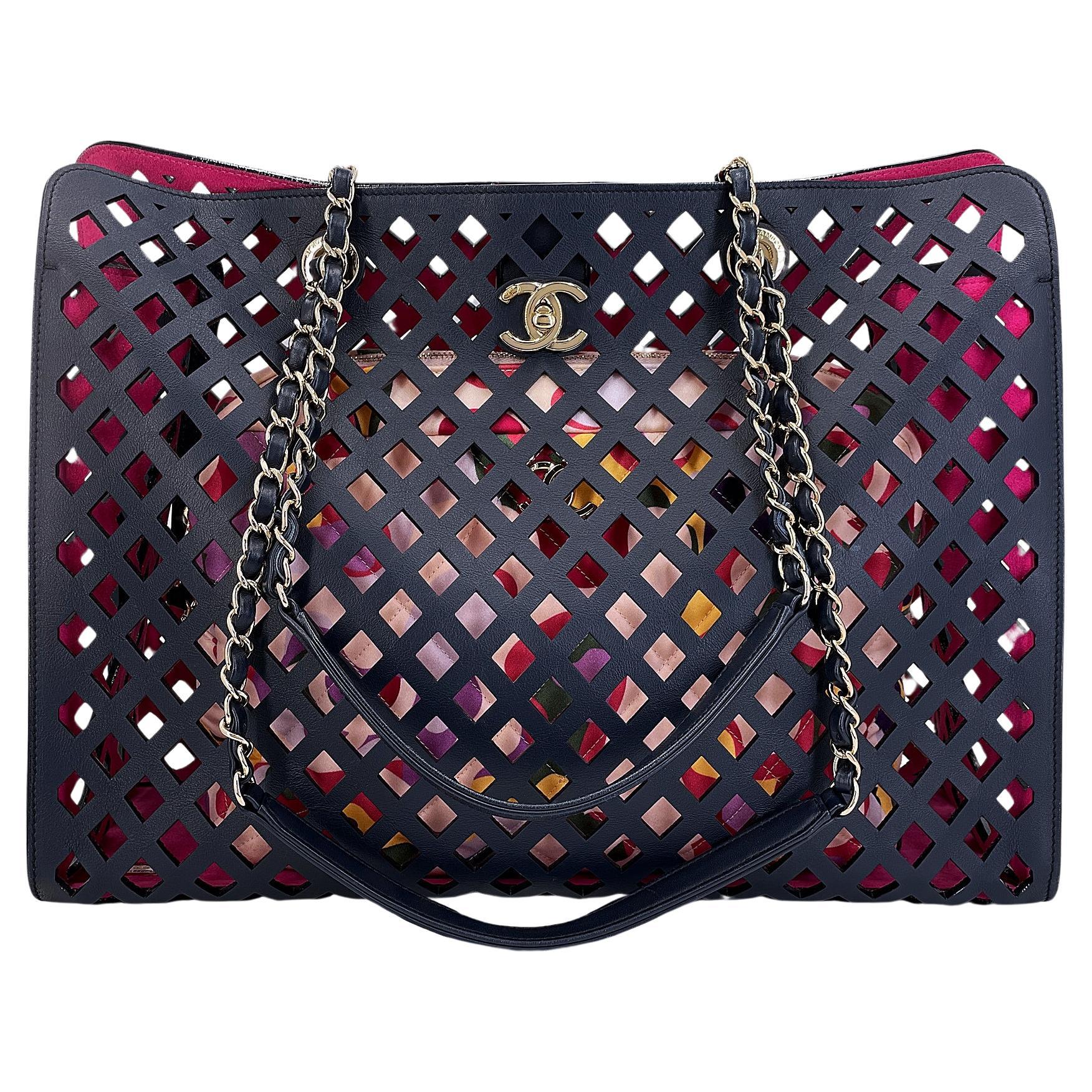 Chanel Black Fuchsia Pink Diamond Cutout Shopper Tote Bag 67861 For Sale