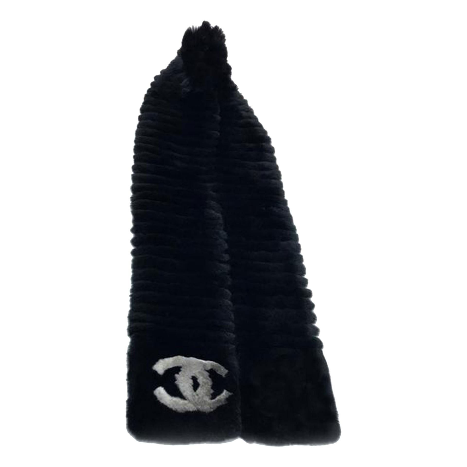Chanel Black Fur Logo CC Long Neck Scarf For Sale at 1stDibs