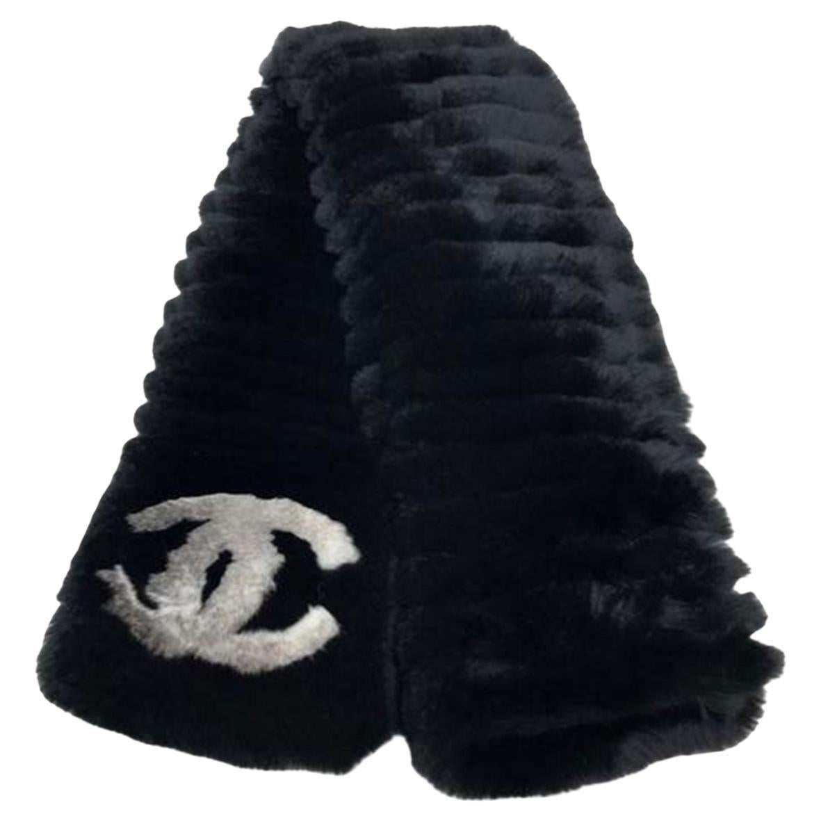 Chanel Black Fur Logo CC Long Neck Scarf