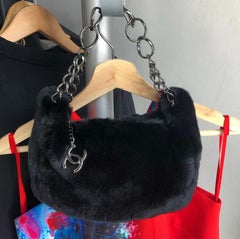 Chanel Black Fur Small Pochette Bag with CC Charm