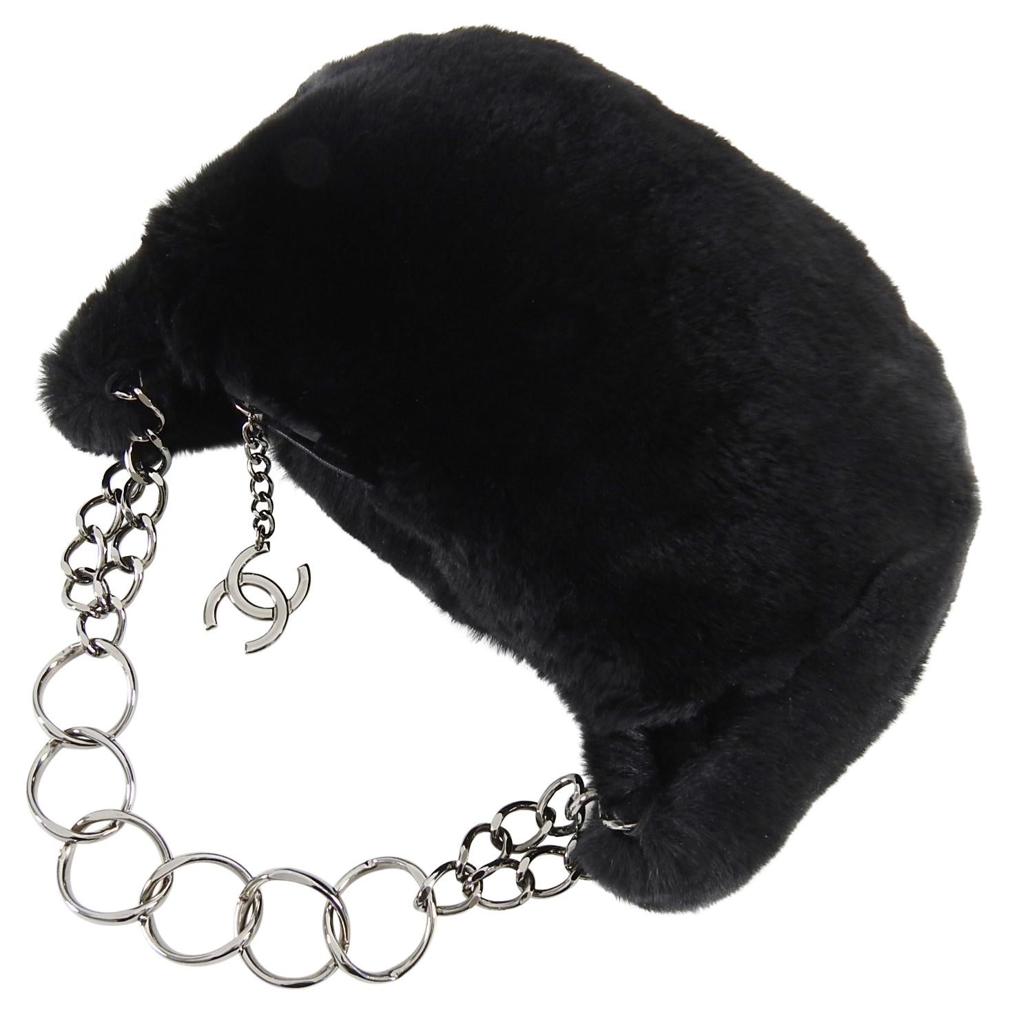 Women's Chanel Black Fur Small Pochette Bag with CC Charm