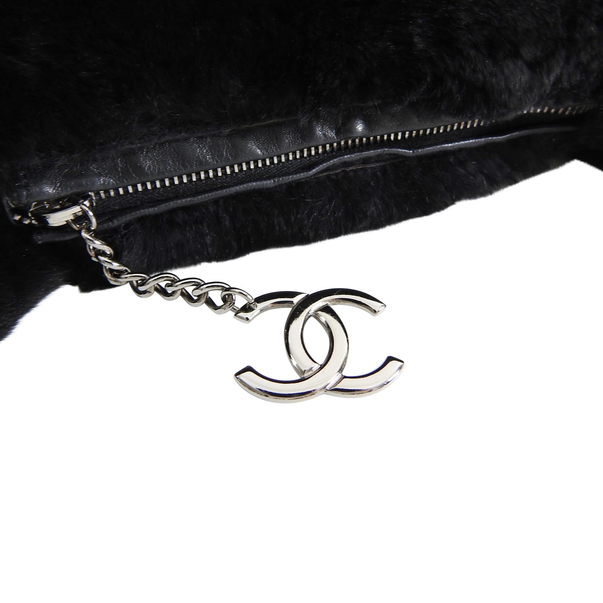 Chanel Black Fur Small Pochette Bag with CC Charm 1