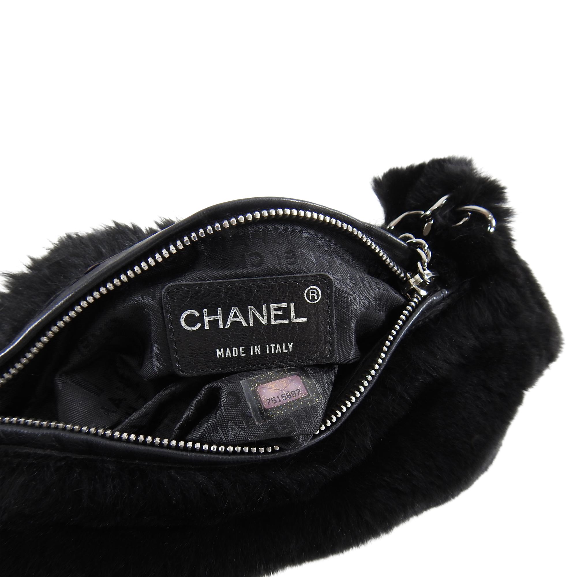 Chanel Black Fur Small Pochette Bag with CC Charm 2