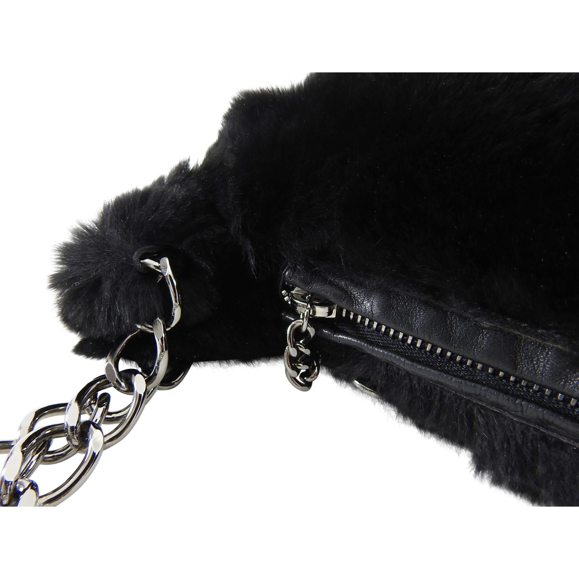 Chanel Black Fur Small Pochette Bag with CC Charm 3