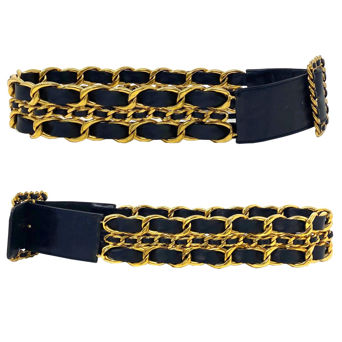 Company-CHANEL
Style- Black GHW Multi-Chain Lambskin Leather Belt 
Outside -No rips, tears or marks 
Inside -Holes are slightly used - consistent with age 
Pockets-No Pockets 
Handles/ Straps-N/A
Measurements -75/30
Material -Lambskin leather