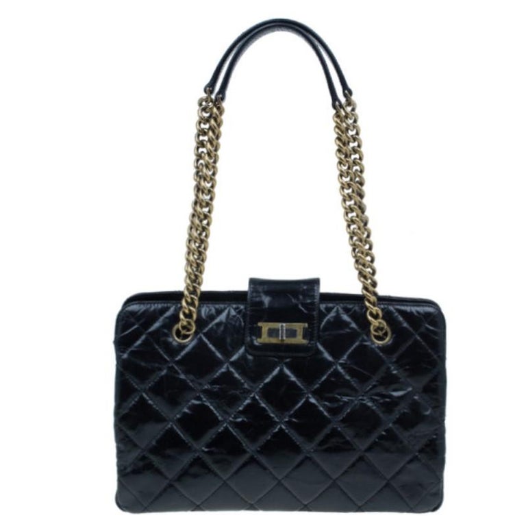 Chanel Black Glazed Cracked Calfskin Leather Tote For Sale at 1stDibs