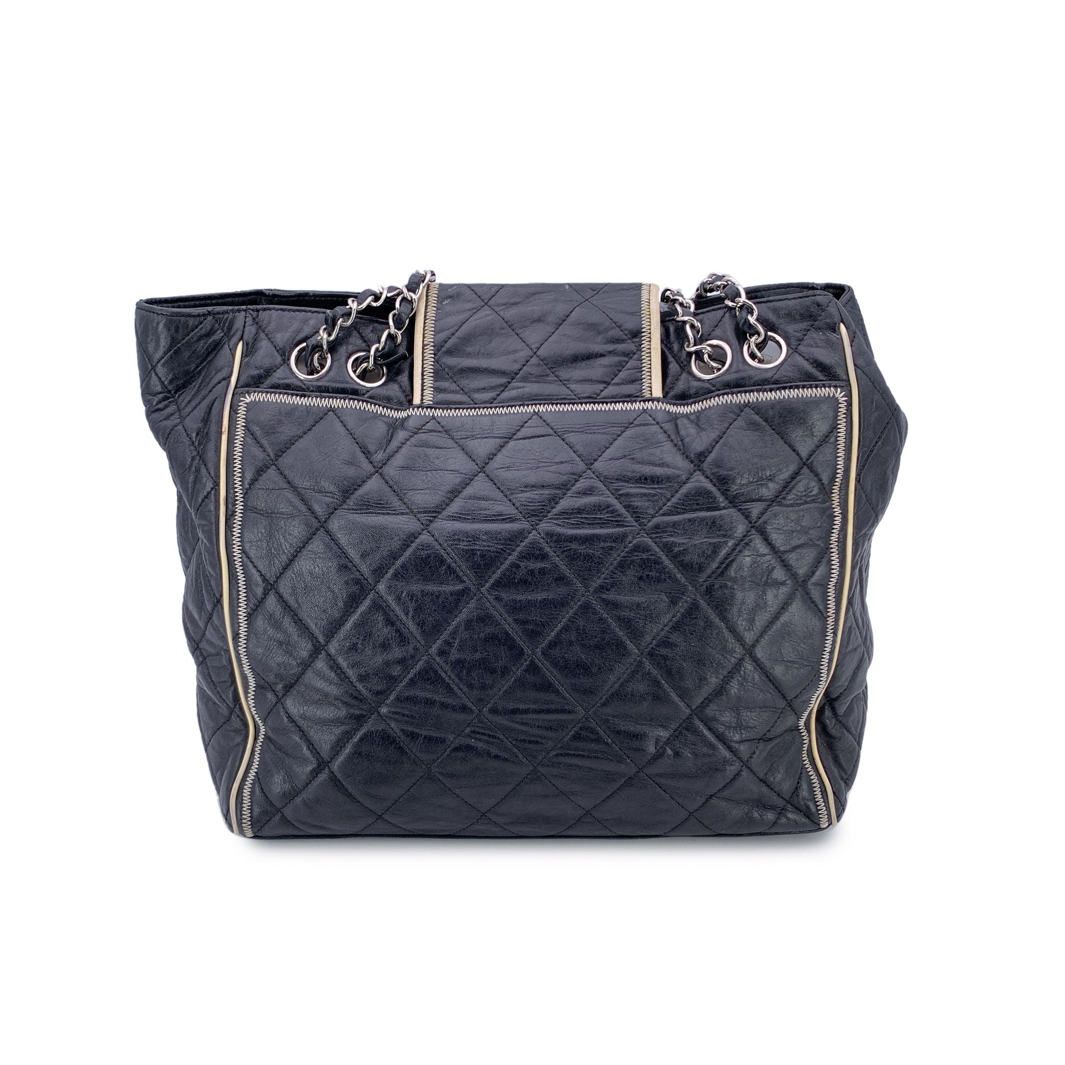 Women's Chanel Black Glazed Lambskin Quilted North South Tote Bag For Sale