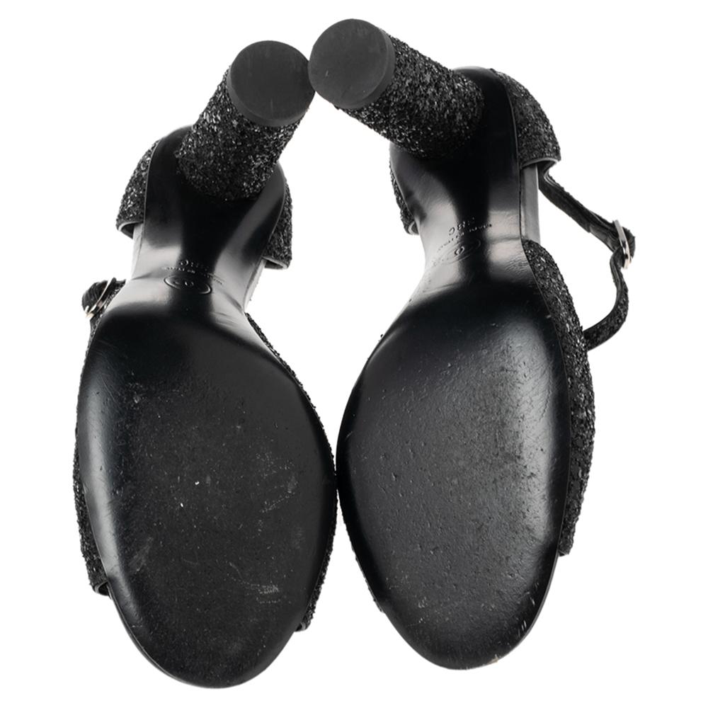 Women's Chanel Black Glitter Camellia Ankle Strap Sandal Size 38