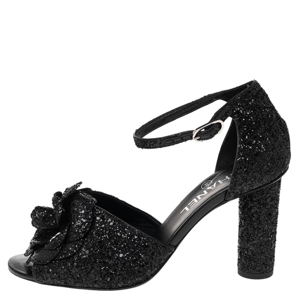 Chanel Black Glitter Camellia Ankle Strap Sandal Size 38 1