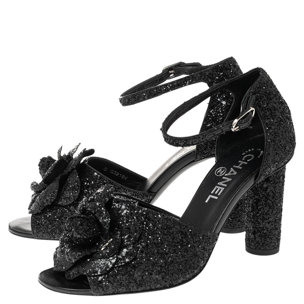 Chanel Black Glitter Camellia Ankle Strap Sandal Size 38 3