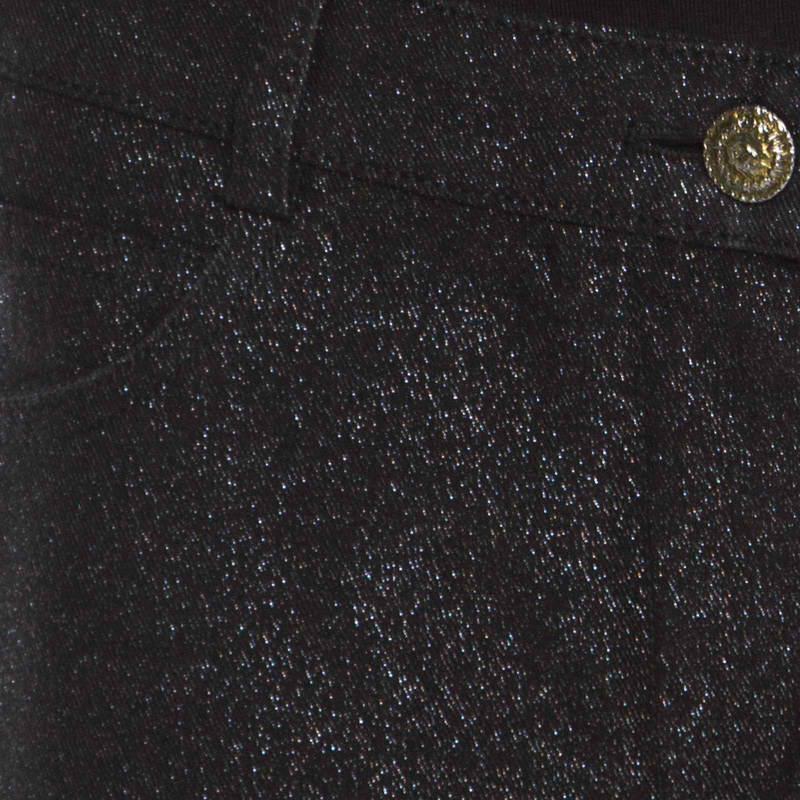 Chanel Black Glitter Denim Logo Button Detail Tapered Jeans M In Excellent Condition In Dubai, Al Qouz 2