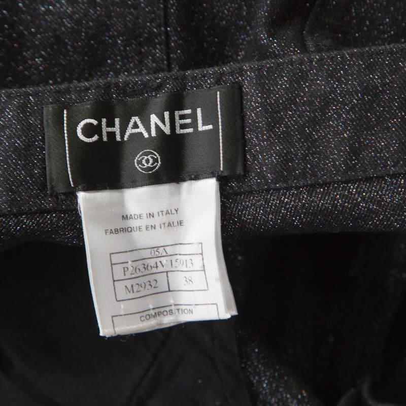Women's Chanel Black Glitter Denim Logo Button Detail Tapered Jeans M