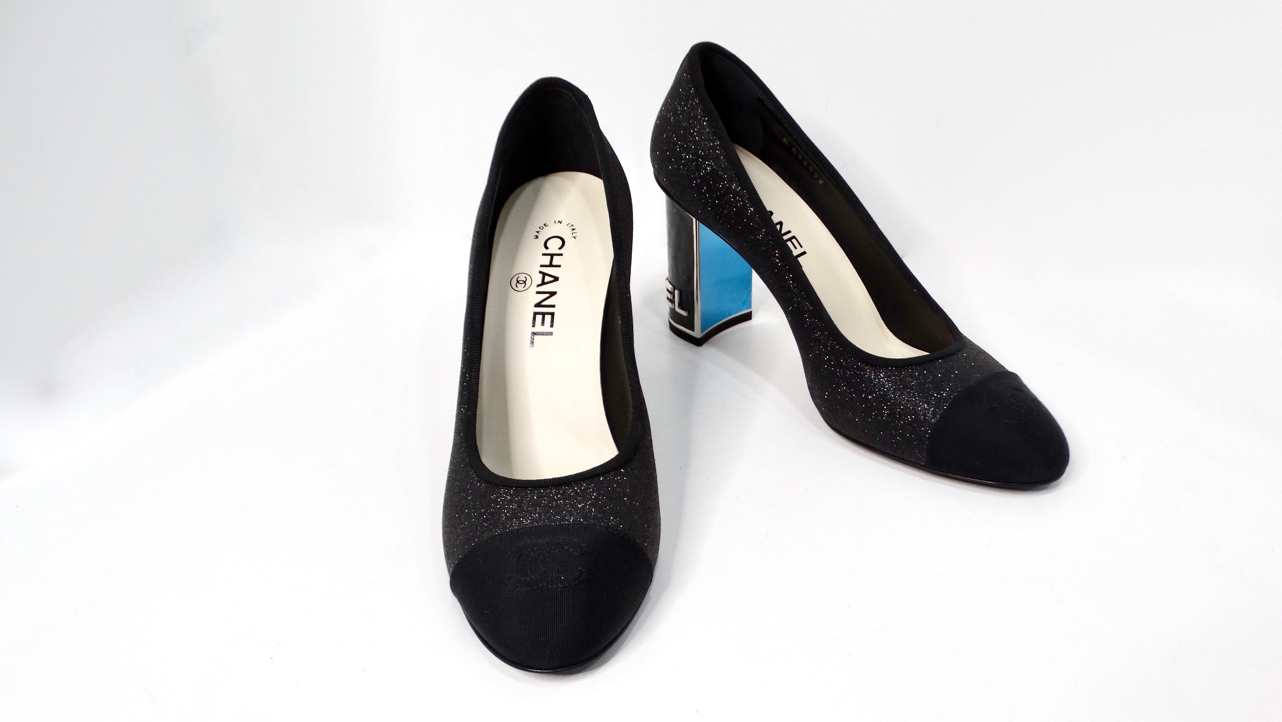 Women's Chanel Black Glitter Grosgrain Cap Toe Logo Pumps With Mirrored Heels For Sale