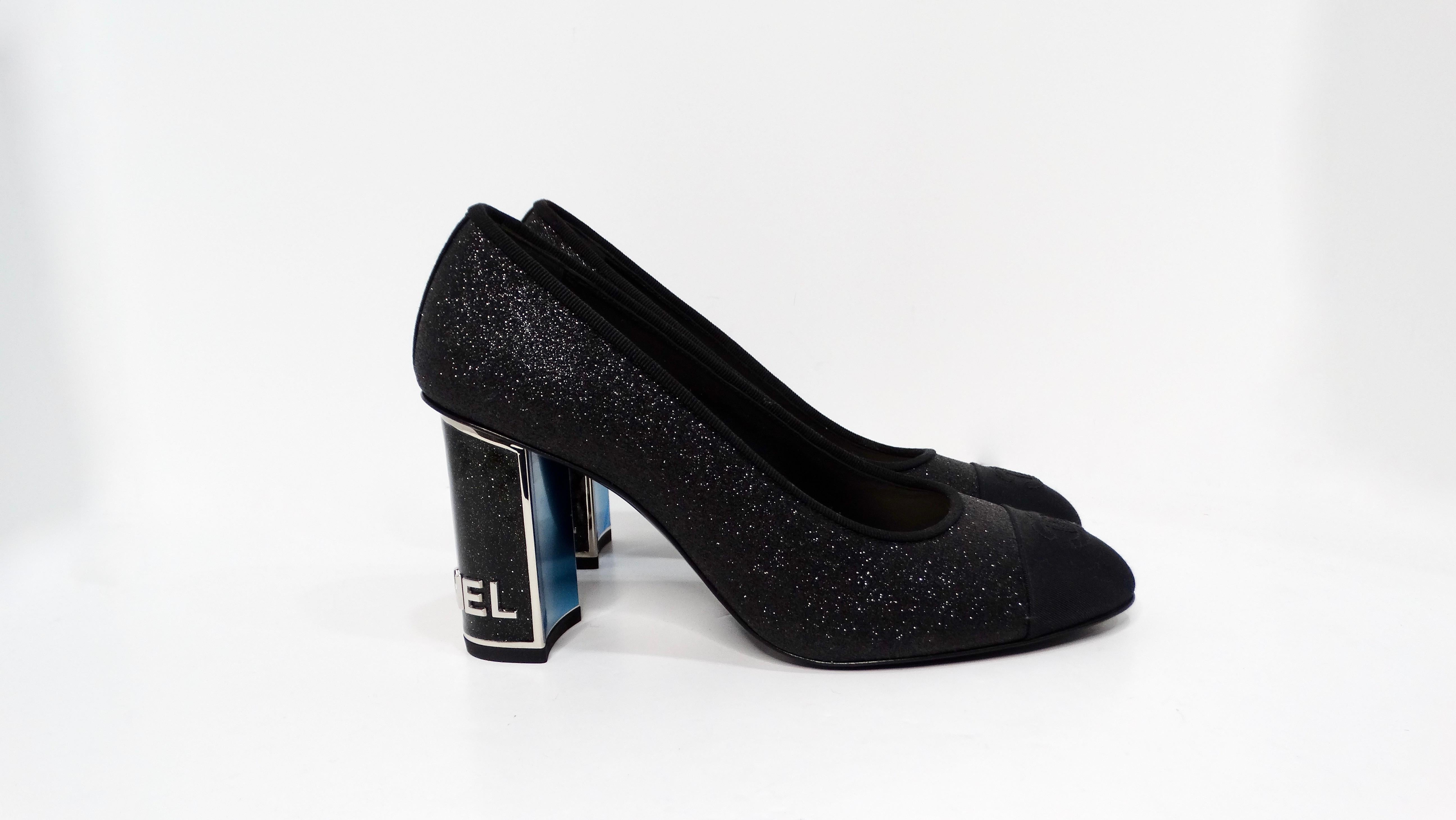 Chanel Black Glitter Grosgrain Cap Toe Logo Pumps With Mirrored Heels For Sale 2