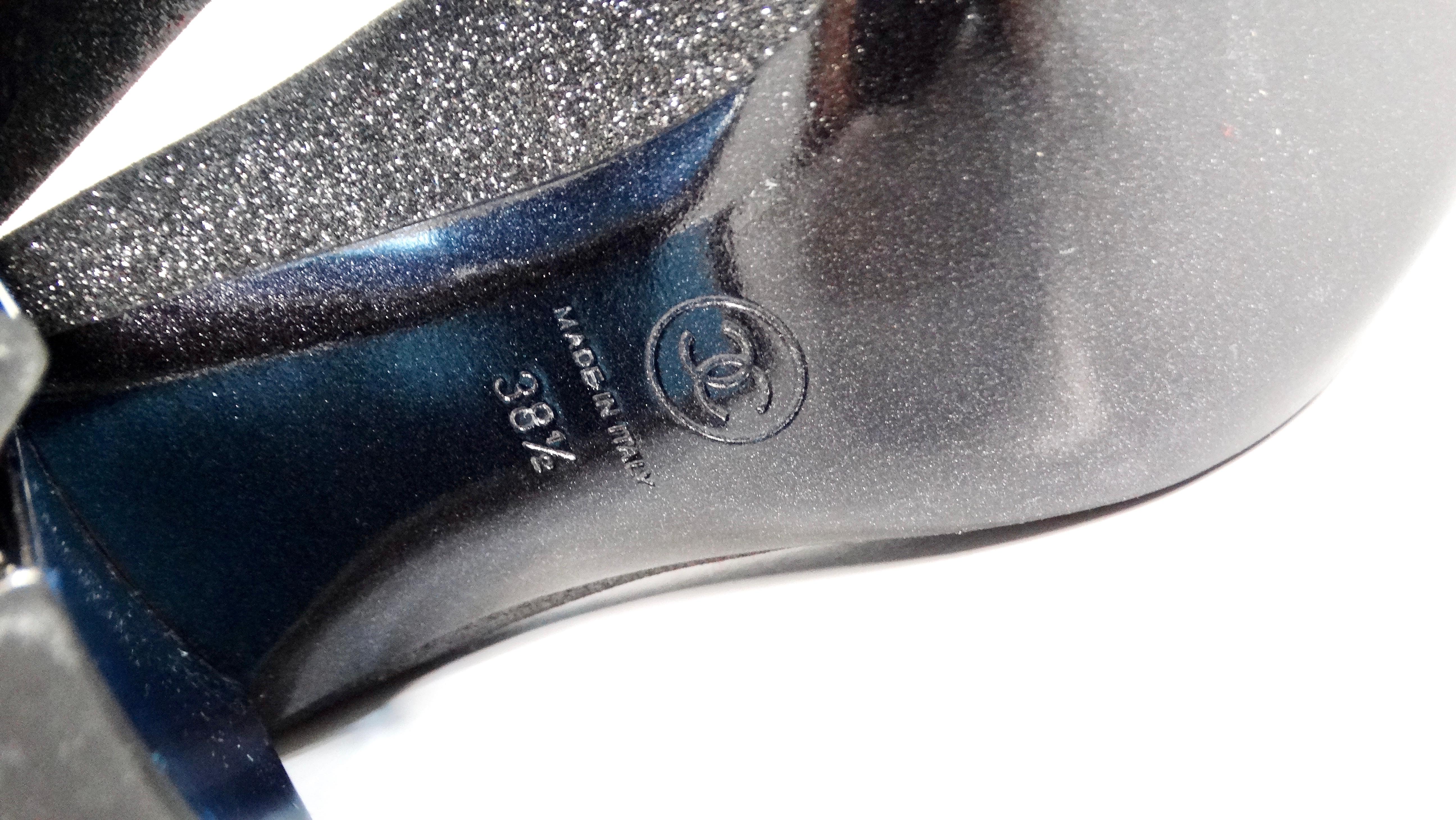 Chanel Black Glitter Grosgrain Cap Toe Logo Pumps With Mirrored Heels For Sale 5