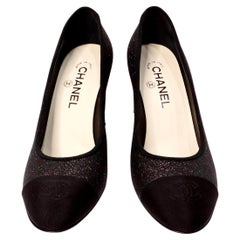 Chanel Black Glitter Grosgrain Cap Toe Logo Pumps With Mirrored Heels