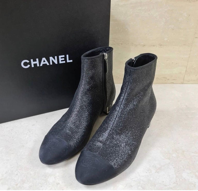 Chanel Black Glitter Leather Ankle  Cc Logo Cap-toe Booties For Sale 2