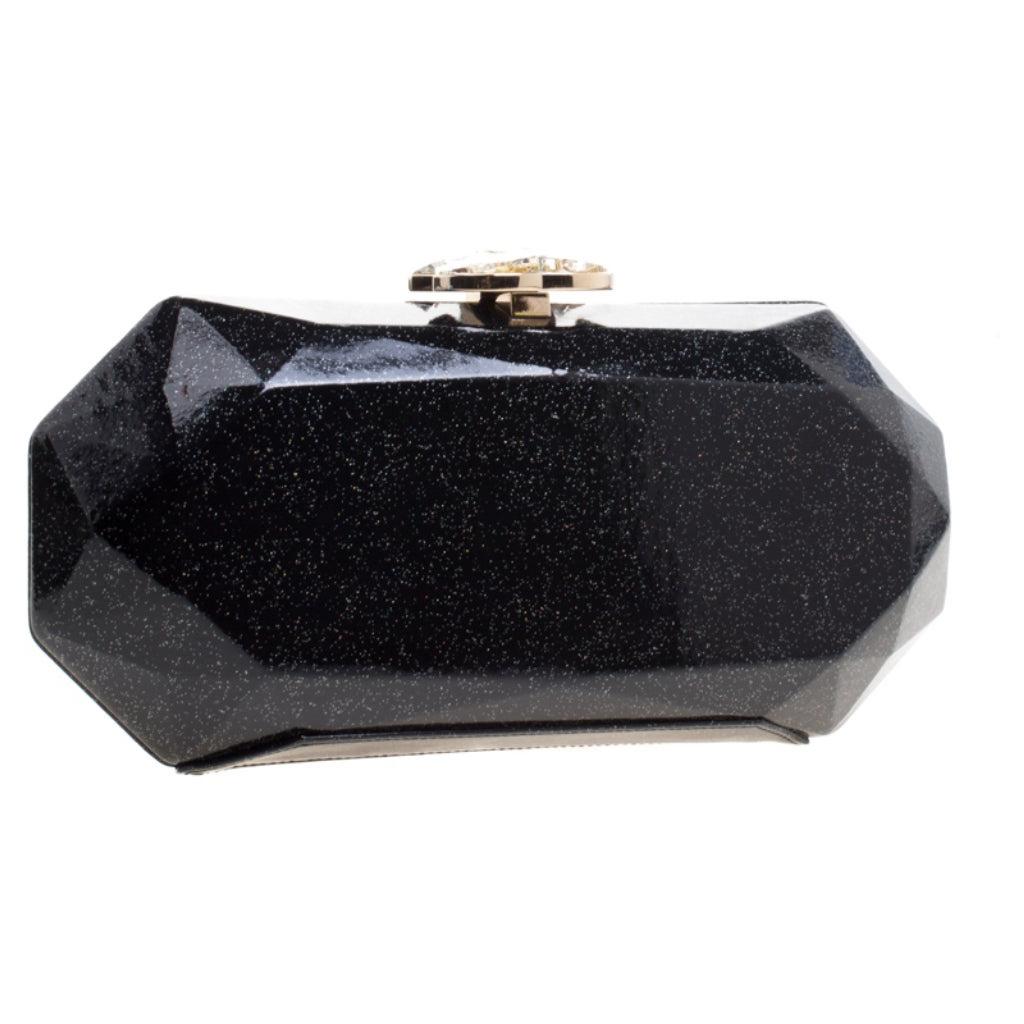 Chanel Black Glitter Leather Crystal Jewel Charm Kiss Lock Minaudière Clutch