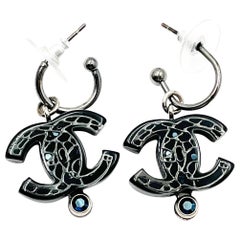 Chanel Black Globe Blue Stone Dangle Hoop Piercing Earrings