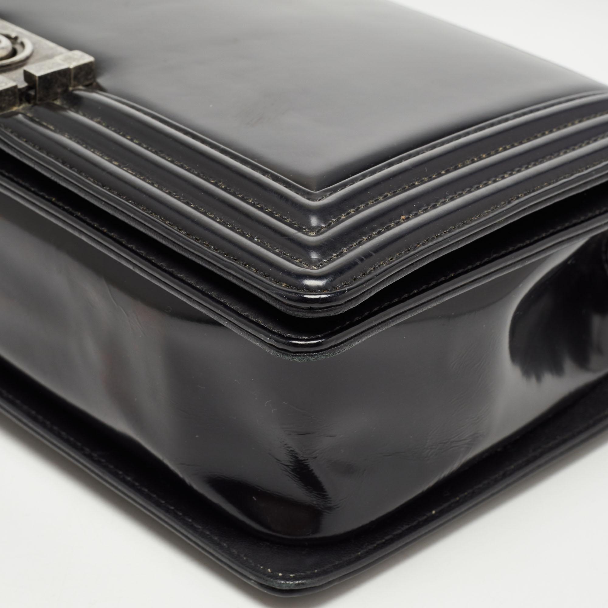 Chanel Black Glossy Leather New Medium Boy Bag 11