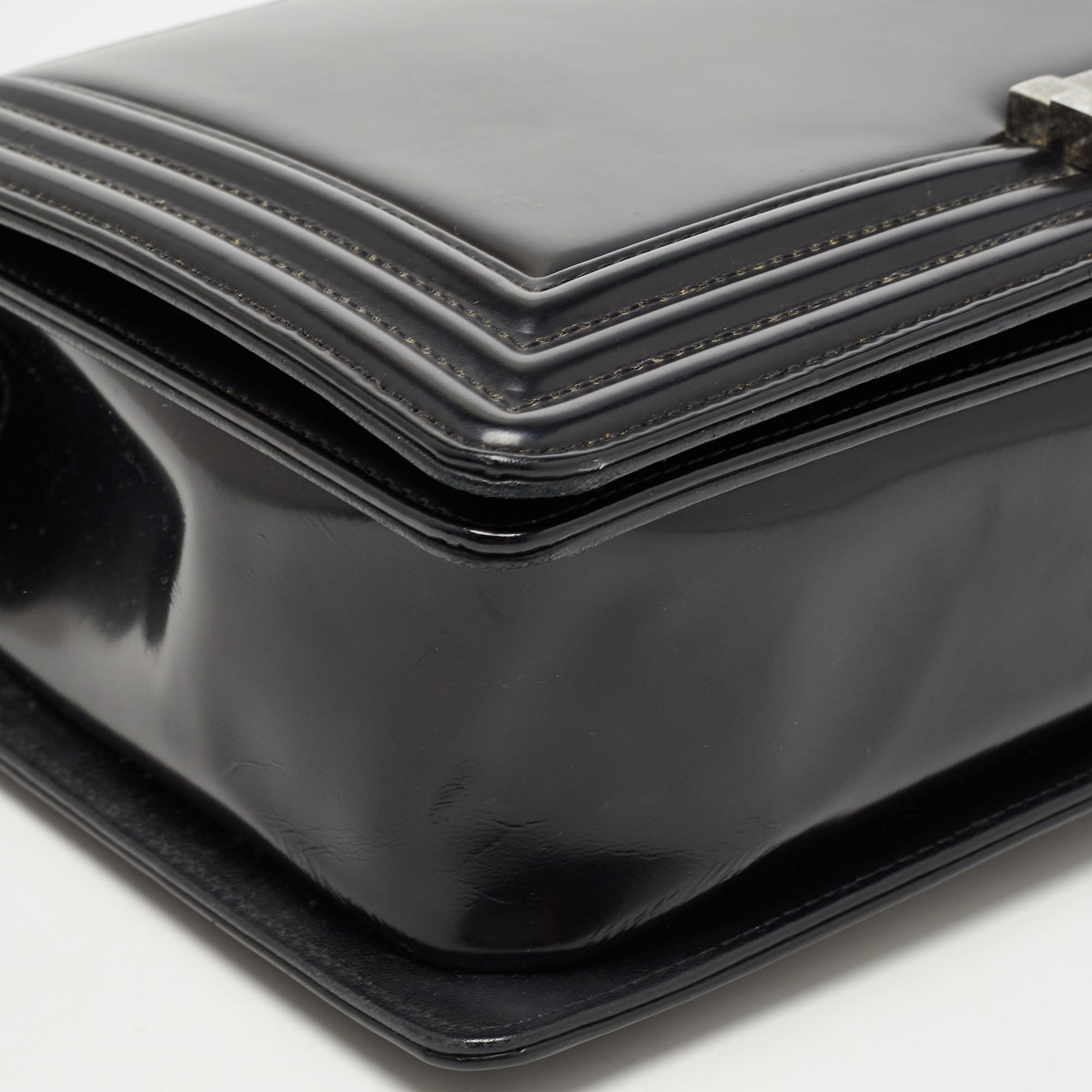Chanel Black Glossy Leather New Medium Boy Bag 12