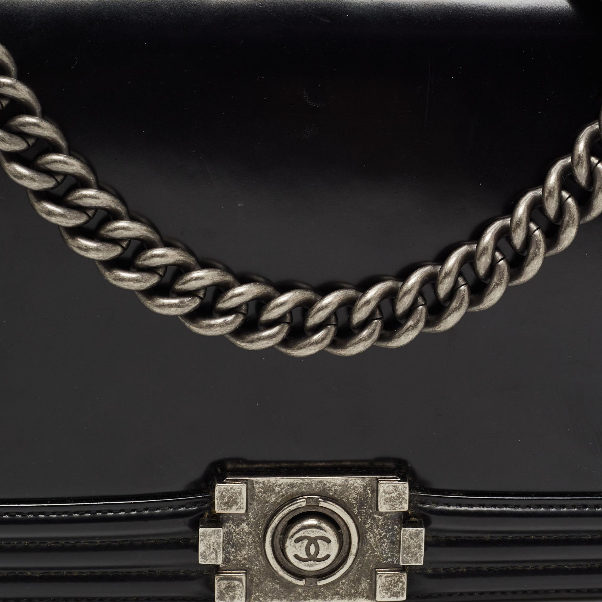Chanel Black Glossy Leather New Medium Boy Bag 14
