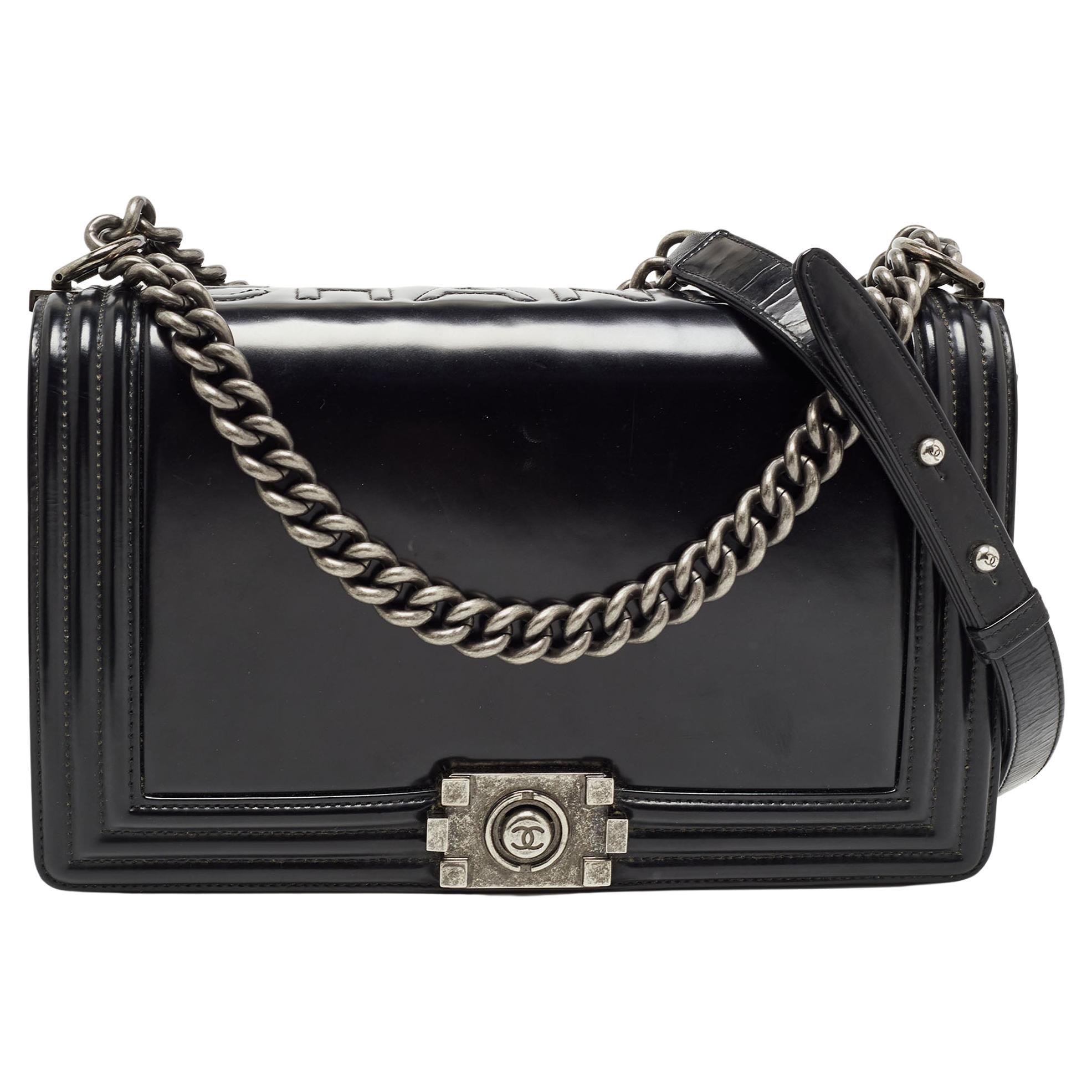 Chanel Black Glossy Leather New Medium Boy Bag