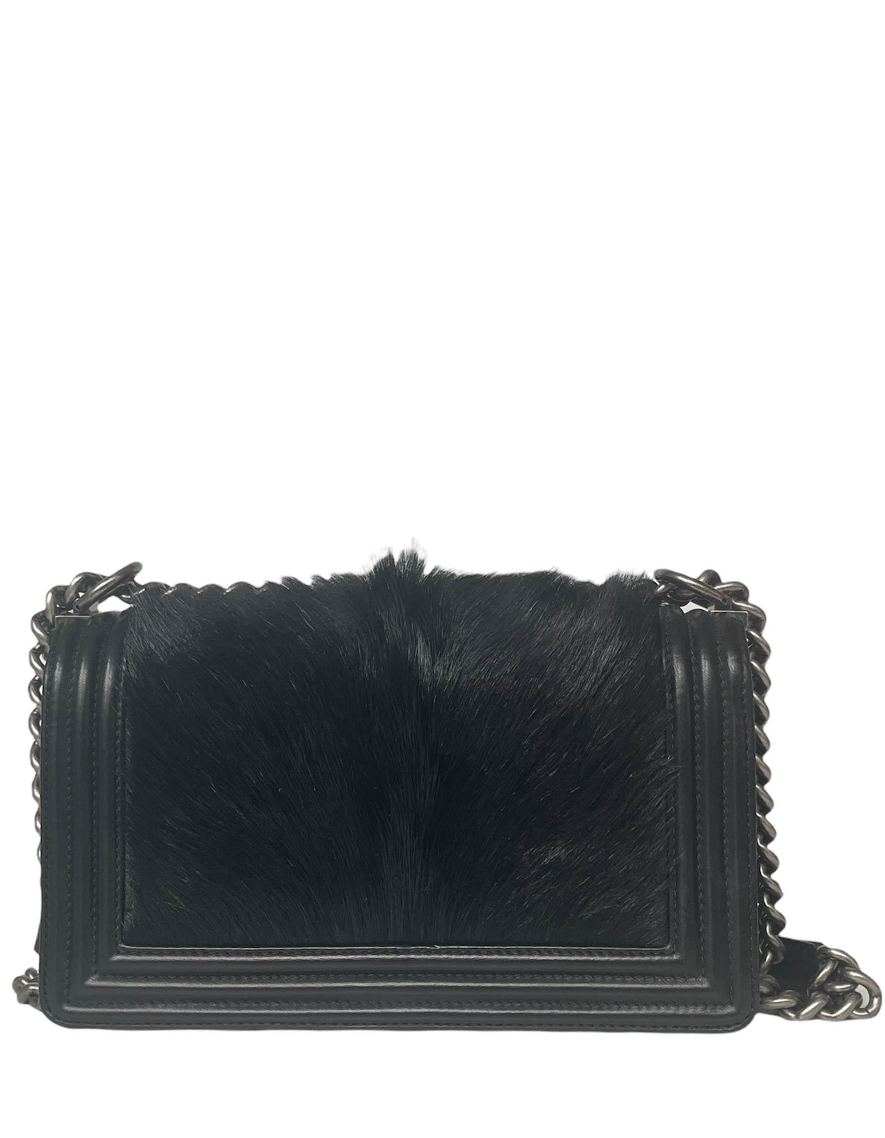 Women's Chanel Black Goat Hair Fur Medium Celtic Boy Flap Bag