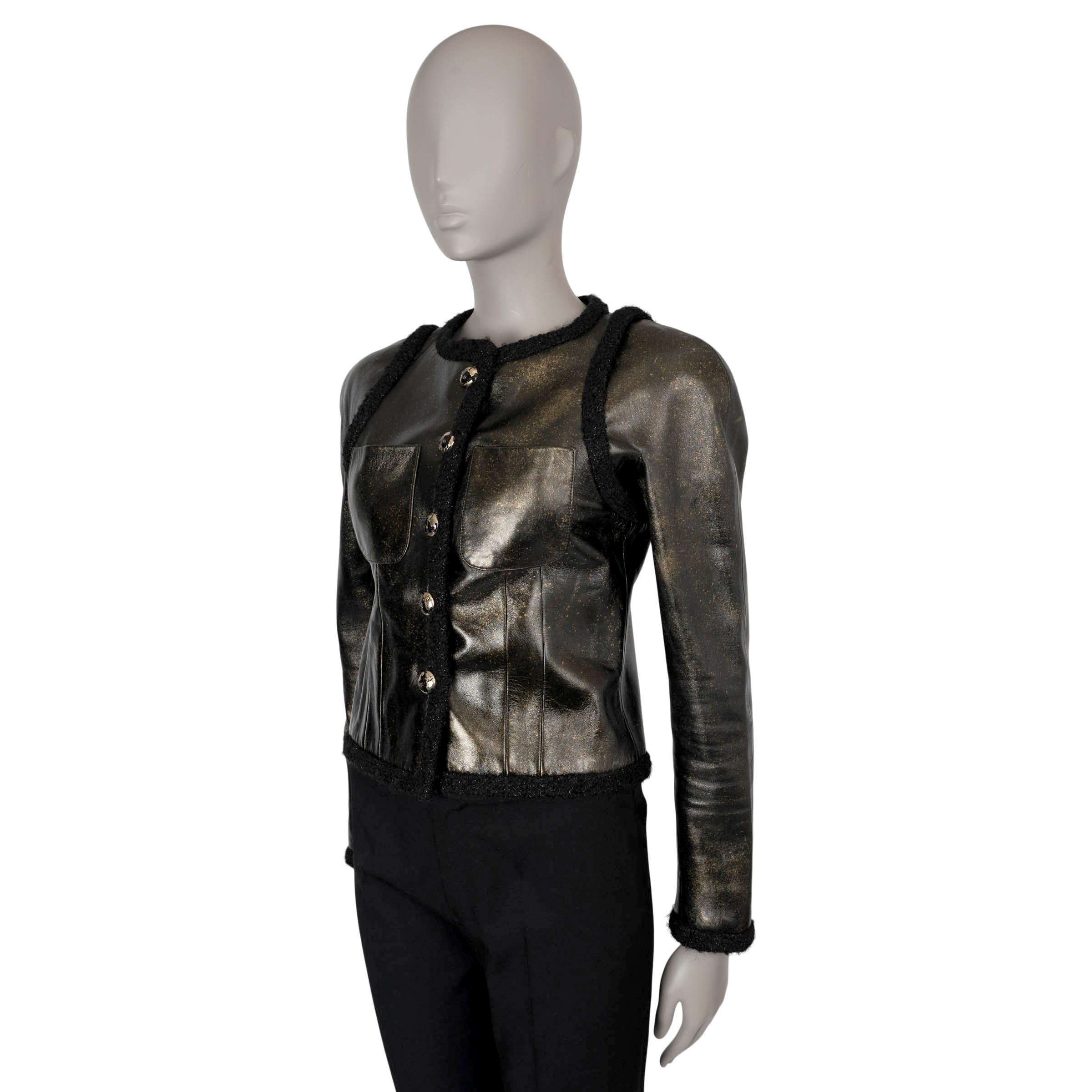 This 100% authentic Chanel jacket in black leather with metallic gold speckles captures the cosmic allure of Chanel’s space-inspired collection. The gold speckles give the illusion of stars scattered across a night sky, adding a celestial touch to