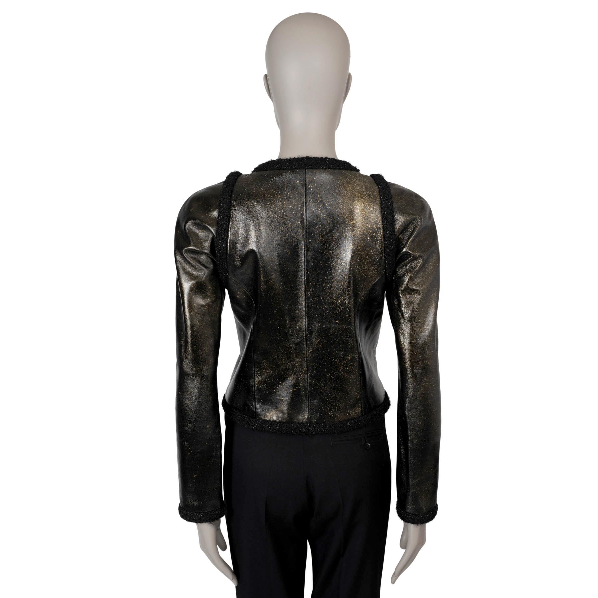 Black CHANEL black & gold 17K TWEED TRIM METALLIC LEATHER Jacket 36 XS For Sale