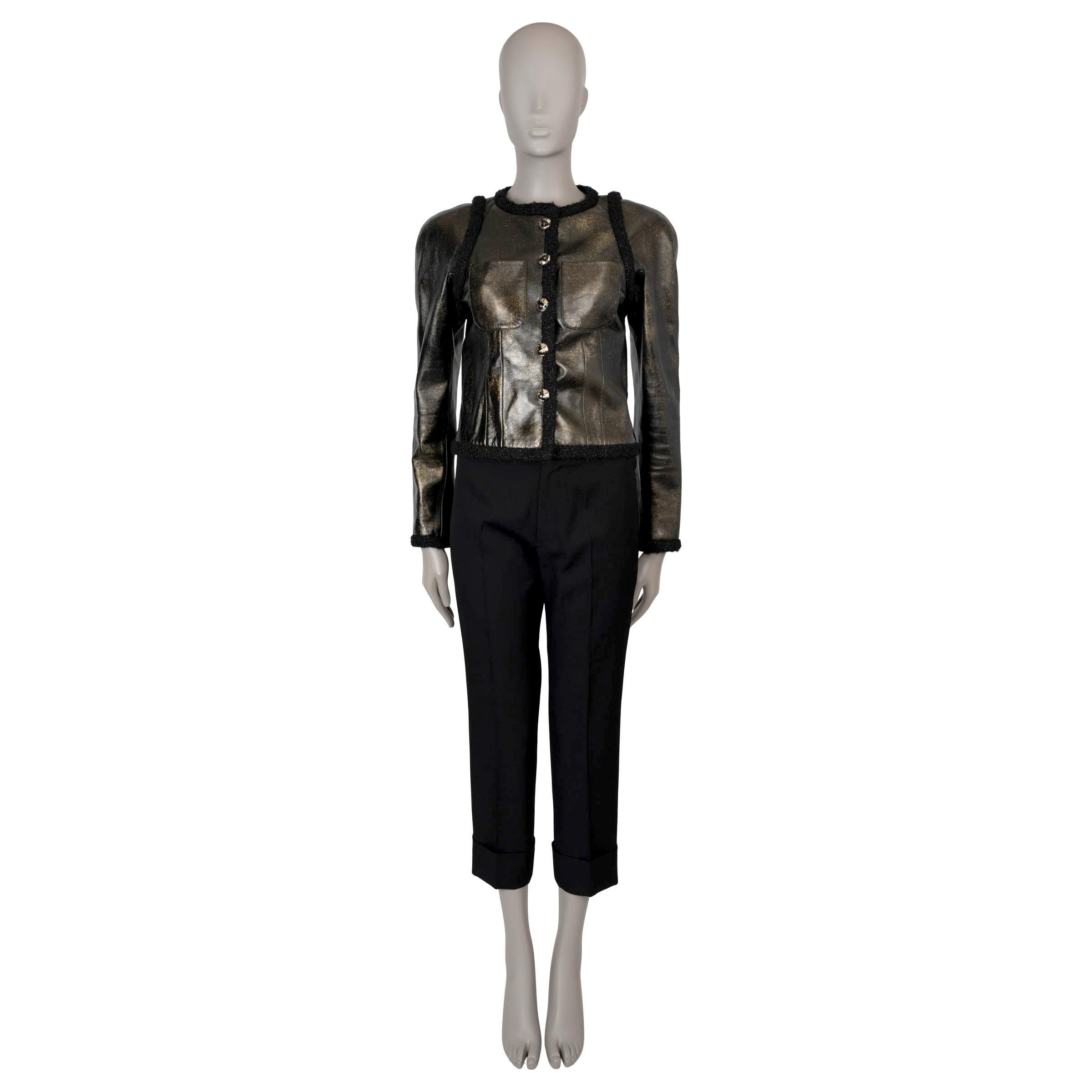 Women's CHANEL black & gold 17K TWEED TRIM METALLIC LEATHER Jacket 36 XS For Sale