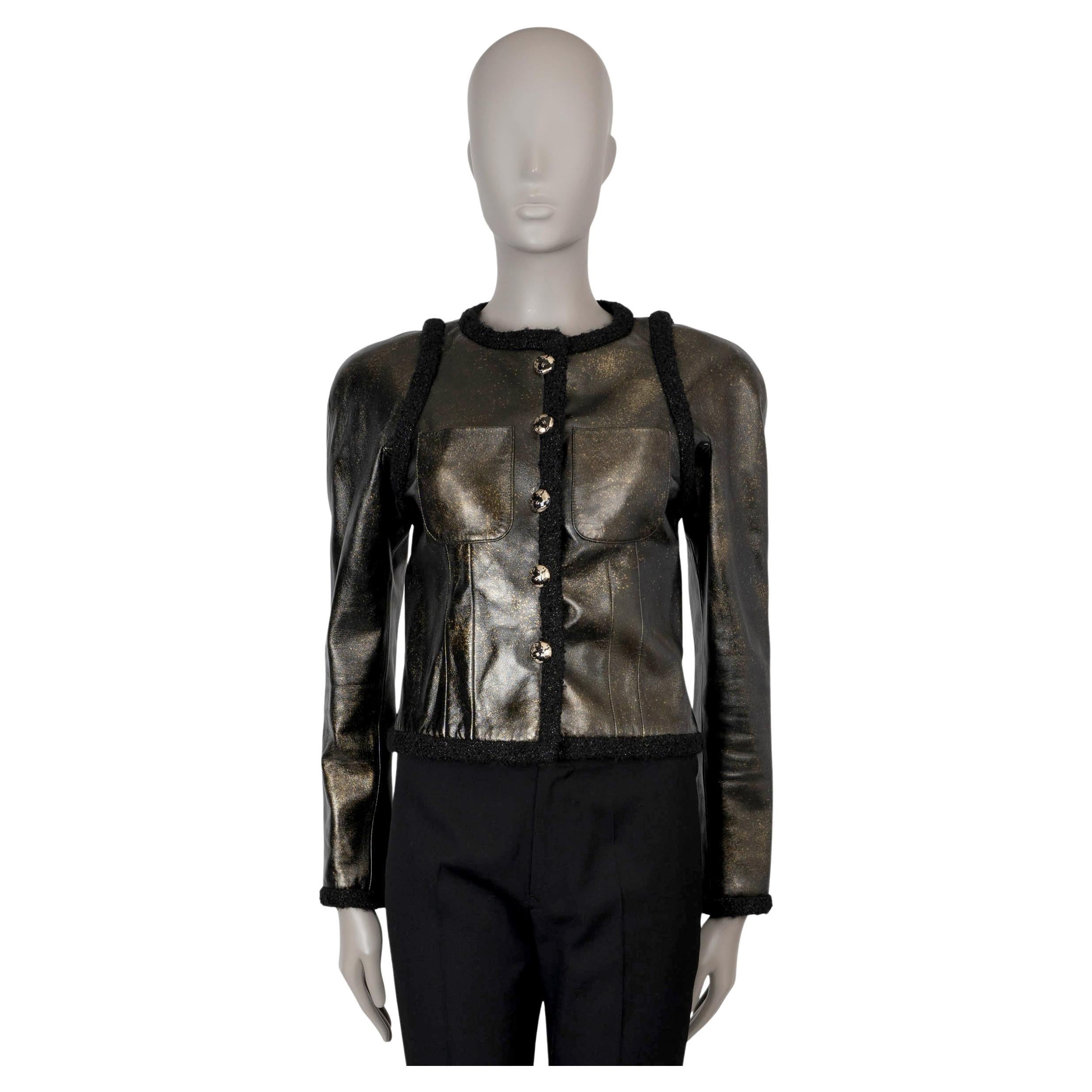 CHANEL black & gold 17K TWEED TRIM METALLIC LEATHER Jacket 36 XS For Sale