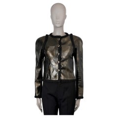 CHANEL black & gold 17K TWEED TRIM METALLIC LEATHER Jacket 36 XS