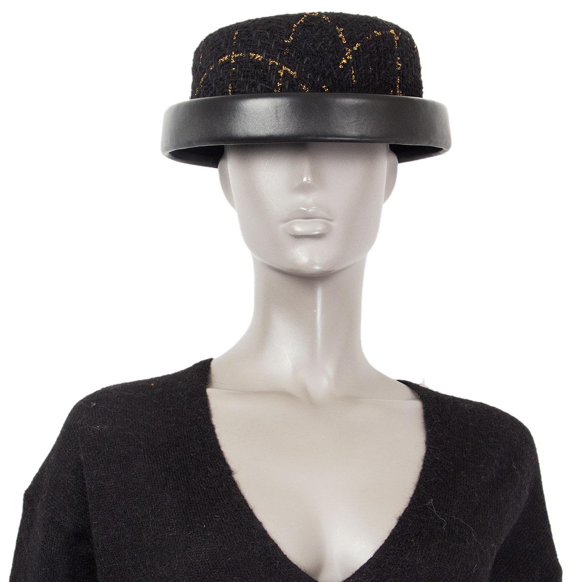 Black CHANEL black & gold 2016 LEATHER TRIM TWEED RIDING Hat S For Sale