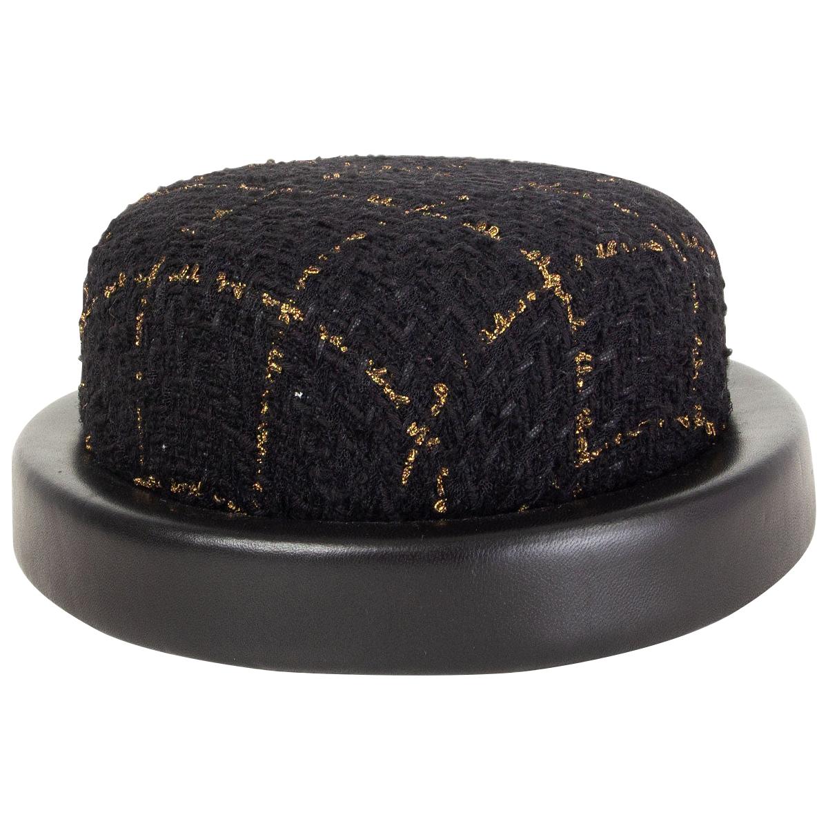 CHANEL black & gold 2016 LEATHER TRIM TWEED RIDING Hat S