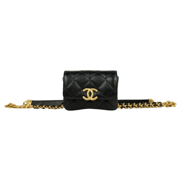 Chanel Black and Gold Caviar Leather Mini Melody Belt Bag Card