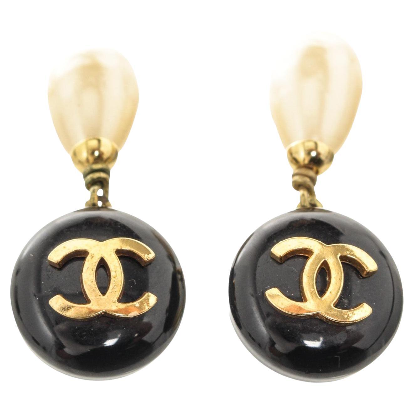 Chanel Black Gold CC Dangle Pearl Earrings with Gold-Tone Hardware, 51558MSC