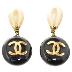 Chanel Black Gold CC Dangle Pearl Earrings with Gold-Tone Hardware, 51558MSC