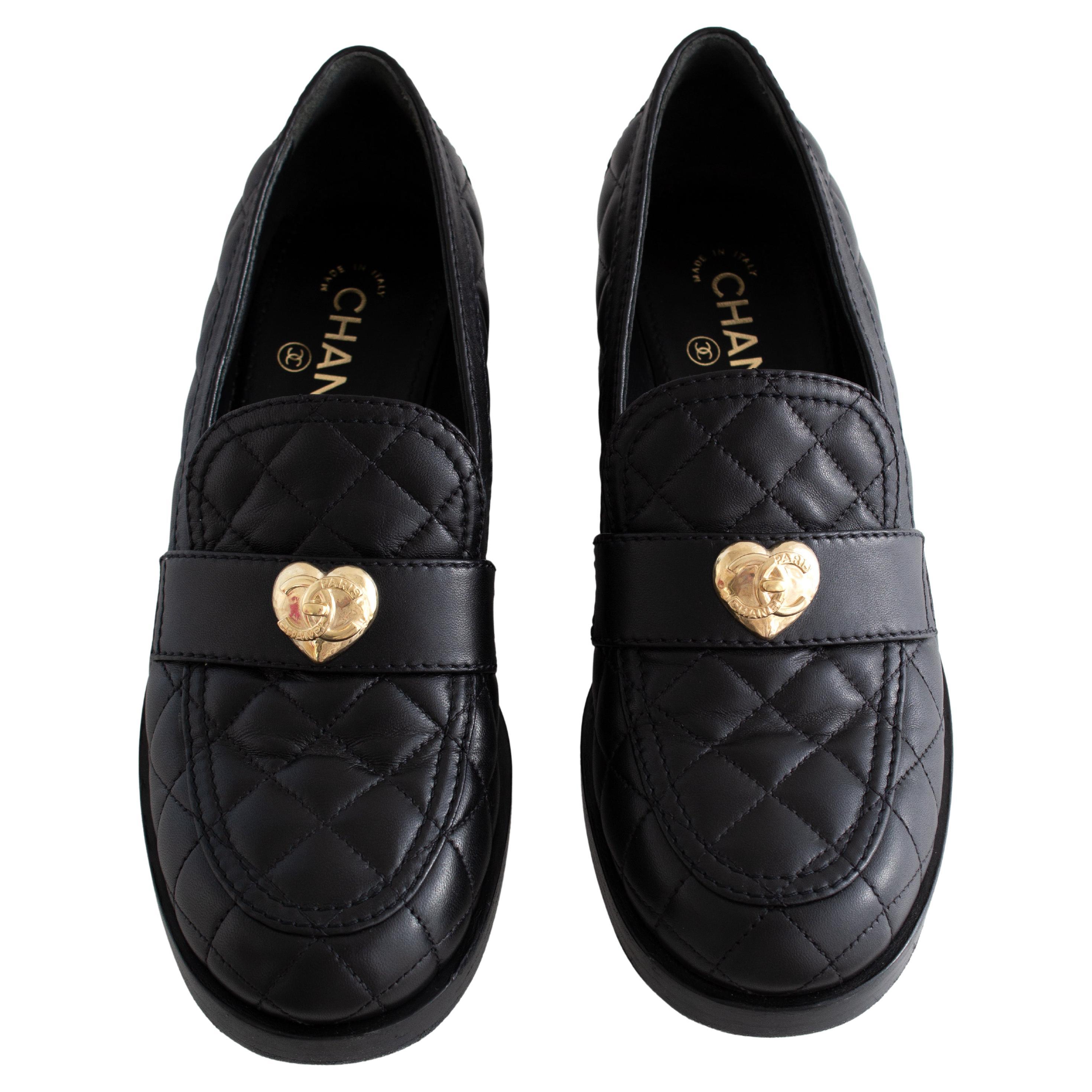 Chanel Black Gold CC Heart Lambskin Heel Loafers 40
