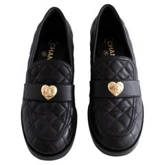 Chanel Black Gold CC Heart Lambskin Heel Loafers 40
