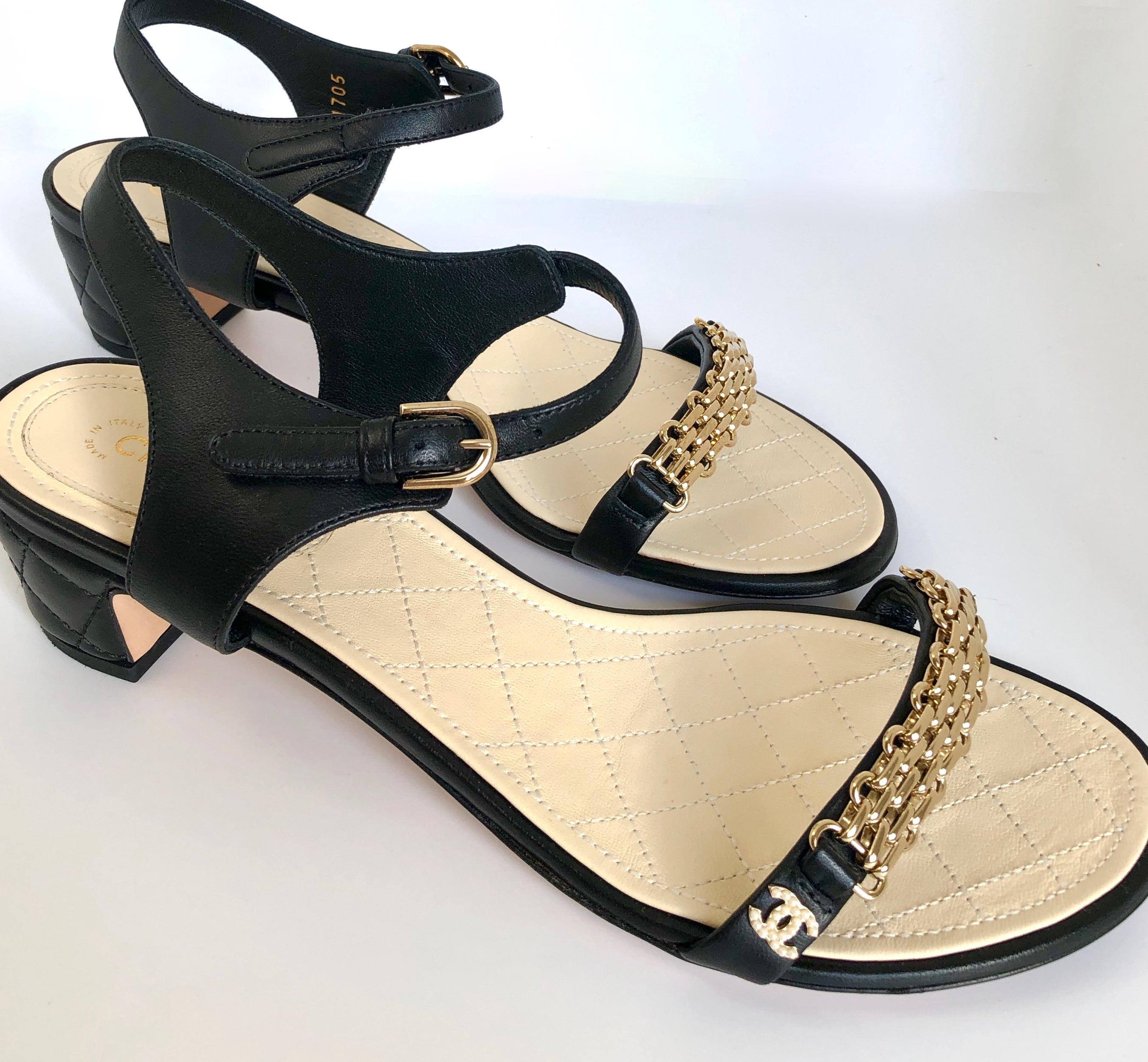 Chanel Black & Gold Chain Link One Strap Sandals w/ Quilted Leather 2