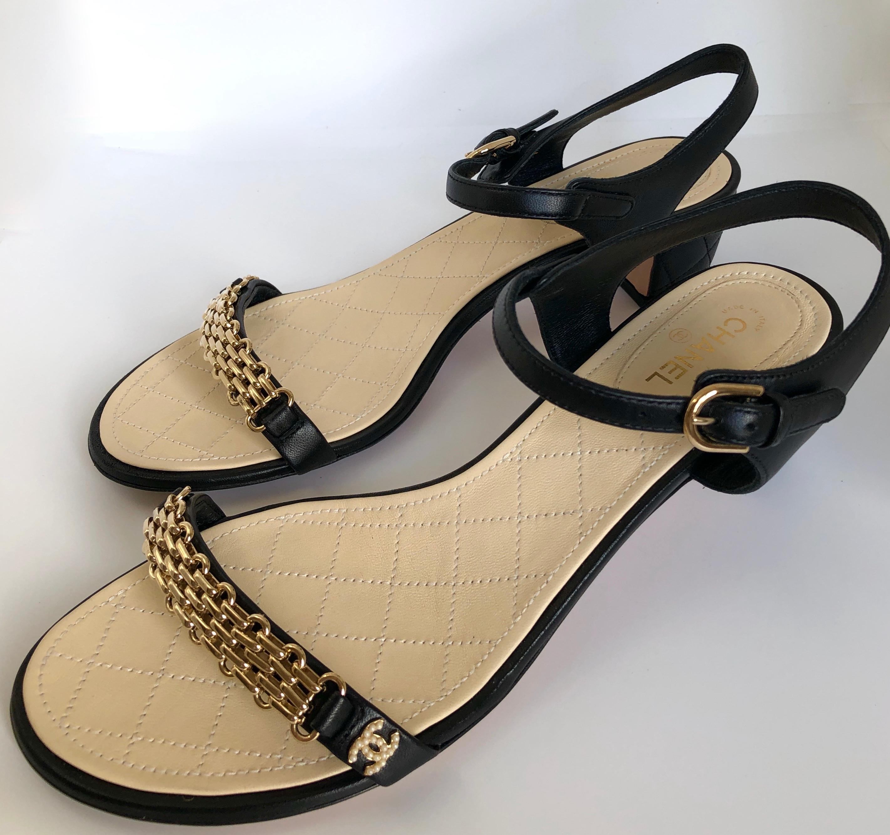Chanel Black & Gold Chain Link One Strap Sandals w/ Quilted Leather 2