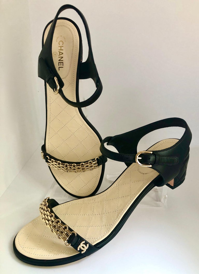 Chanel Black & Gold Chain Link One Strap Sandals w/ Quilted Leather 2 Heel