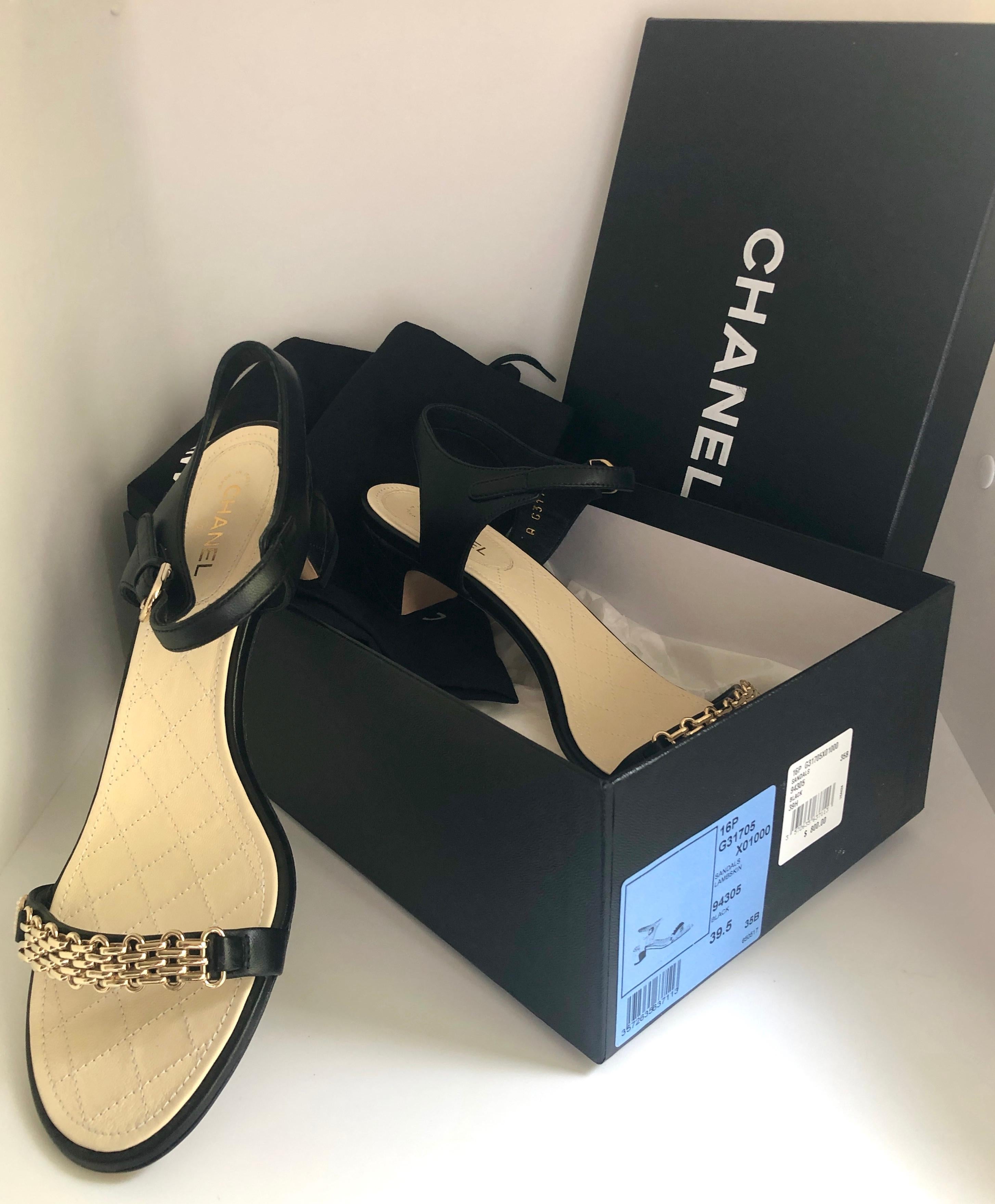 Chanel Black & Gold Chain Link One Strap Sandals w/ Quilted Leather 2